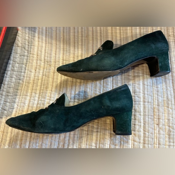 Vintage Proxy Green Suede Buckle Heels Made in Spain Size 10M Block Heel Shoes - Picture 11 of 11